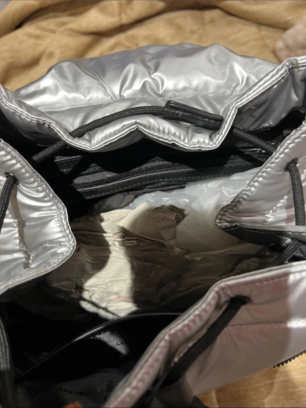 DKNY Metallic Silver Puffer Backpack